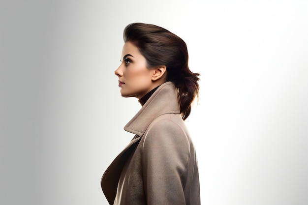 Portrait of beautiful brunette woman in beige coat Studio shot