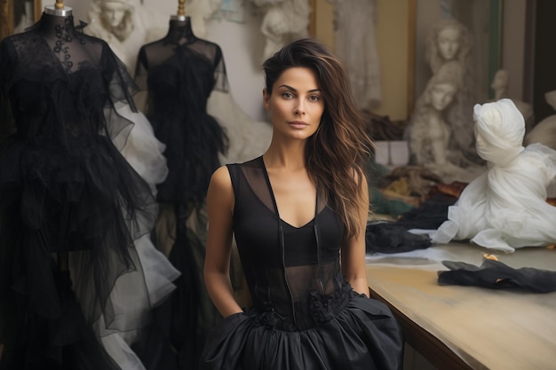 Portrait of a beautiful brunette woman in a black dress Fashion visionary