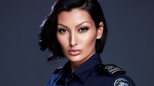 Portrait of a beautiful brunette woman in police uniform on dark background