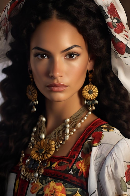 Portrait of a beautiful brunette woman with long curly hair