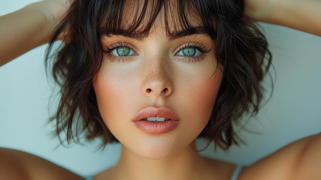 Portrait of a beautiful brunette woman with neat clean hair on a studio backdrop