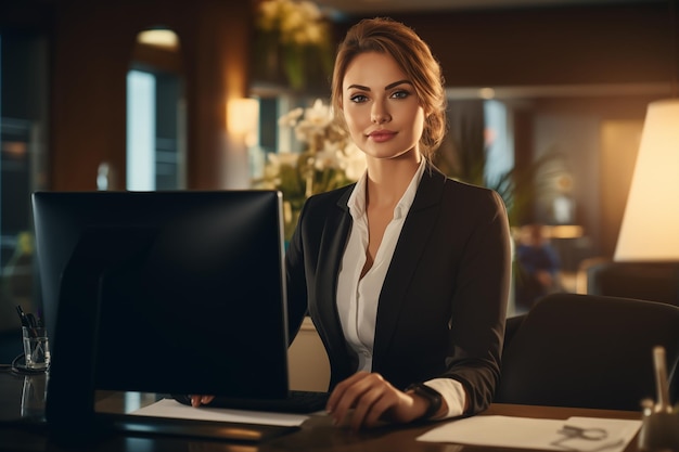 Portrait of a beautiful business woman sitting at a table in the office behind a computer monitor