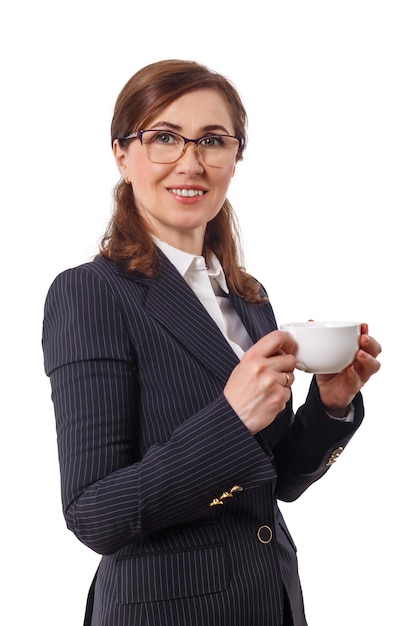 Portrait of a beautiful businesswoman 50 ears old with cup of coffee in the office