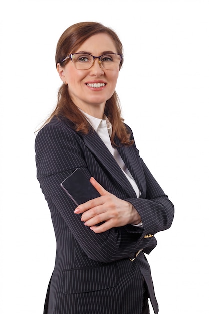 Portrait of a beautiful businesswoman 50 ears old with mobile phone isolated on white.