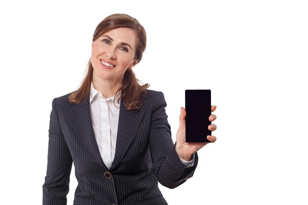 Portrait of a beautiful businesswoman  ears old with mobile phone isolated on white