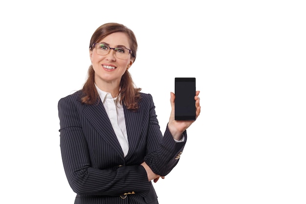 Portrait of a beautiful businesswoman  ears old with mobile phone isolated on white