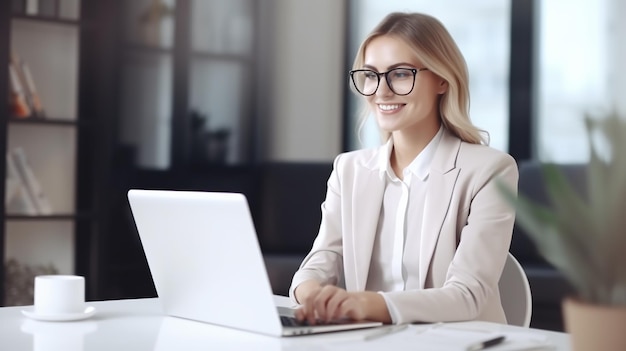 portrait of beautiful cheerful business woman smiling while working with laptop computer