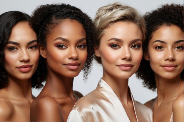 Portrait of beautiful cheerful multiethnic women cosmetology concept Healthy skin