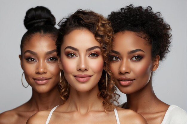 Portrait of beautiful cheerful multiethnic women cosmetology concept Healthy skin