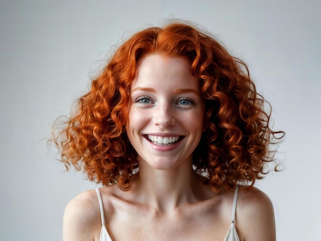 Portrait of beautiful cheerful redhead girl with flying curly hair smiling laughing looking at camer