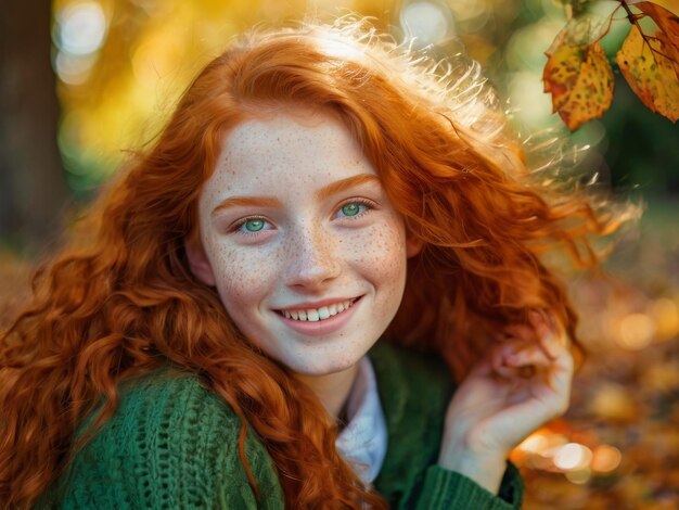 Photo portrait of a beautiful cheerful redhead girl with green eyes and flowing curly hair smiling