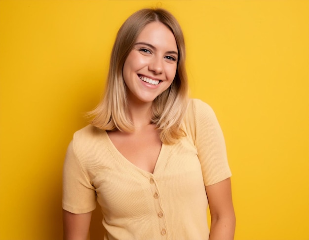 Portrait of beautiful and cheerful young woman blonde over yellow wall smiling background isolated