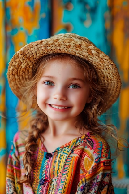 portrait of a beautiful child with a hat and wreath Selective focus