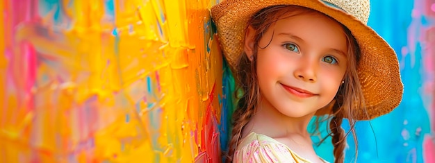 Photo portrait of a beautiful child with a hat and wreath selective focus