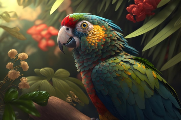 Portrait of beautiful colored tropical parrot sitting on branch outdoors on sunny day Exotic bird in jungle looking at camera Generative AI