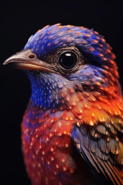 Portrait of Beautiful Colorful Birdie in Closeup Macro Photography on Dark Background Generative AI