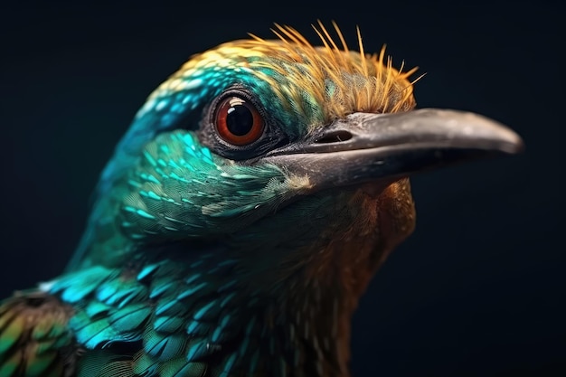 Portrait of Beautiful Colorful Birdie in Closeup Macro Photography on Dark Background Generative AI