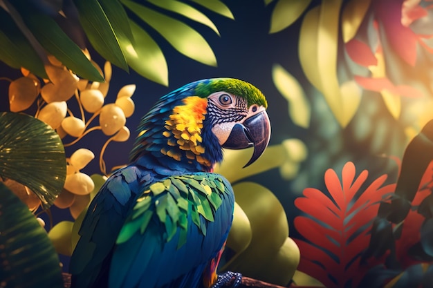 Portrait of beautiful colorful exotic parrot in jungle looking at camera Tropical exotic bird in nature on sunny day Generative AI