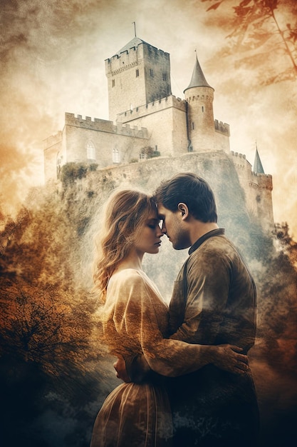 Portrait of a beautiful couple in love Double exposure of a man and woman couple and a castle Book cover of a love story Vertical Generative AI illustration