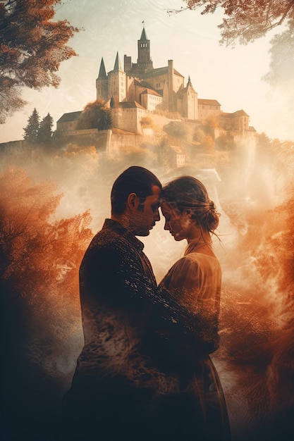 Portrait of a beautiful couple in love Double exposure of a man and woman couple and a castle Vertical Generative AI illustration Love story