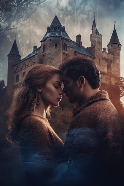 Photo portrait of a beautiful couple in love double exposure of a man and woman couple and a castle vertical generative ai illustration love story