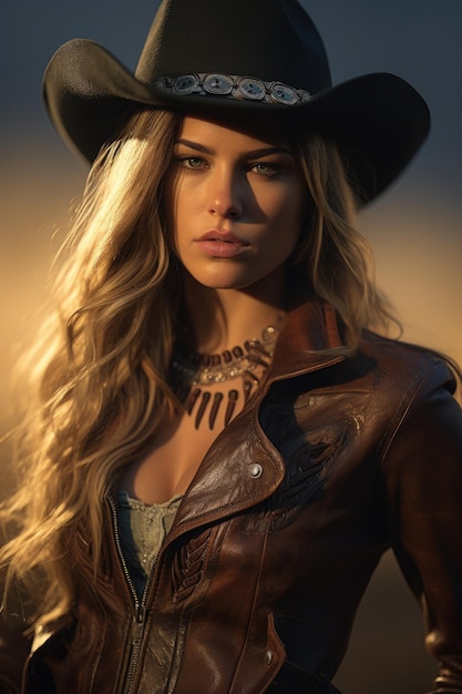 Photo portrait of a beautiful cowgirl with a cowboy hat and a leather jacket generative ai