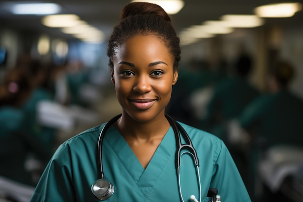 Portrait of a beautiful darkskinned nurse in a hospital Generative AI