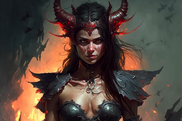 Portrait of beautiful devil woman with horns Generative AI illustration