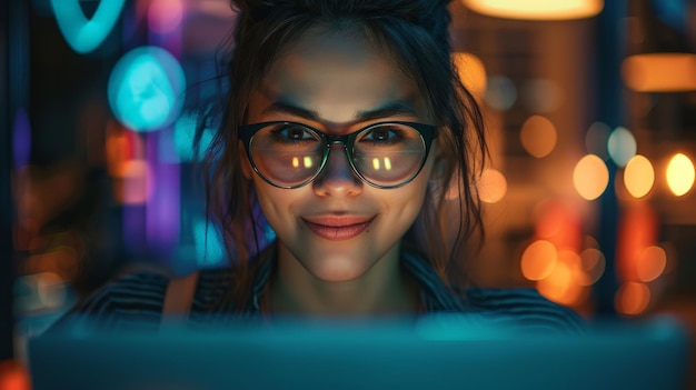 Portrait of a Beautiful Diverse Female Wearing Glasses Using Laptop Computer Looking at Camera and Smiling