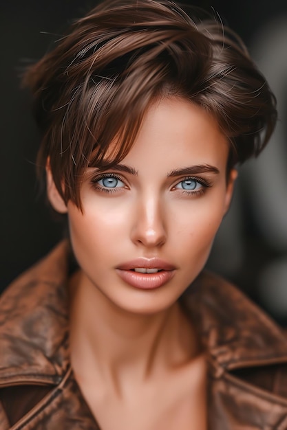 Portrait of beautiful european woman with short brown hair