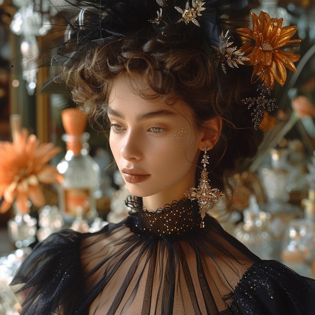 Portrait of a beautiful girl in a black dress with a crown of flowers