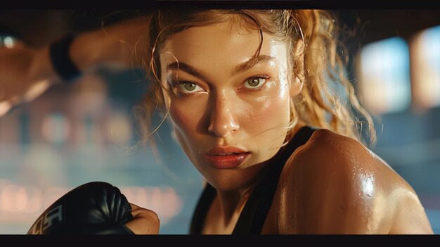 Portrait of a beautiful girl in boxing gloves The girl is engaged in boxing