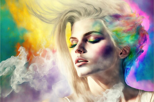 Portrait of the beautiful girl in colorful smoke digital art style illustration painting fantasy concept of a girl in colorful smoke