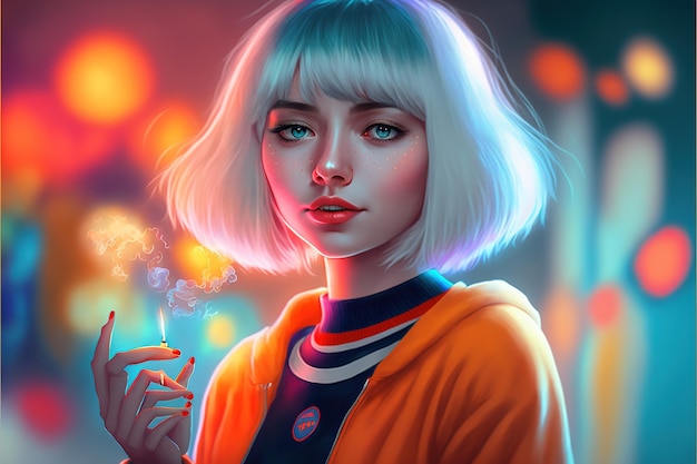 Portrait of the beautiful girl in colorful smoke digital art style illustration painting fantasy concept of a girl in colorful smoke