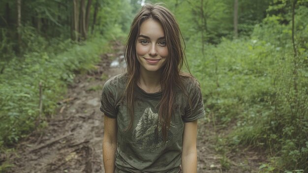 Photo portrait of a beautiful girl in the forest a girl in a green tshirt and jeans