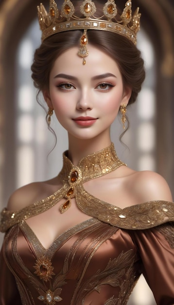 Portrait of a beautiful girl in a golden dress and crown