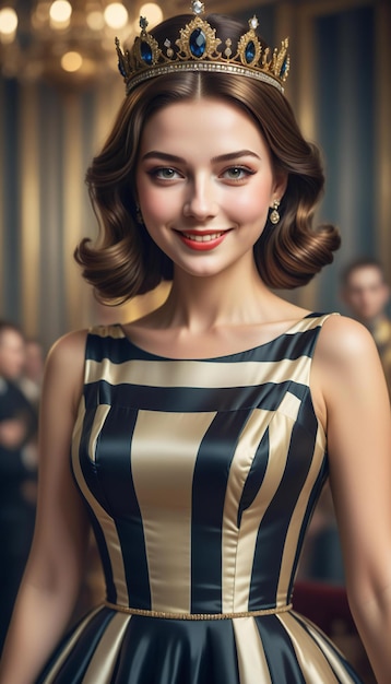 Portrait of a beautiful girl in a golden dress and a crown