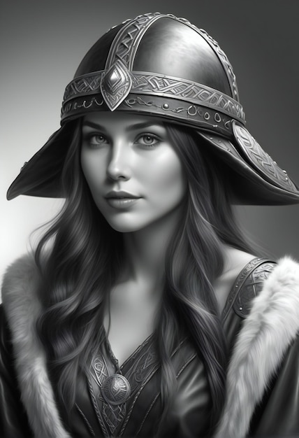 Portrait of a beautiful girl in a helmet of an ancient warrior