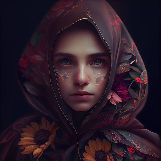 Portrait of a beautiful girl in a hood with flowers Halloween