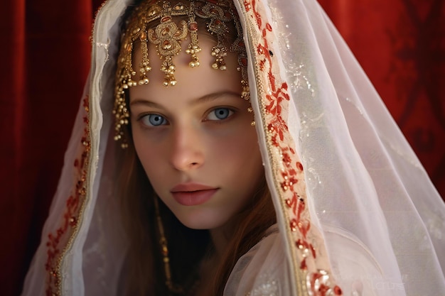 Portrait of a beautiful girl in a medieval dress with a veil