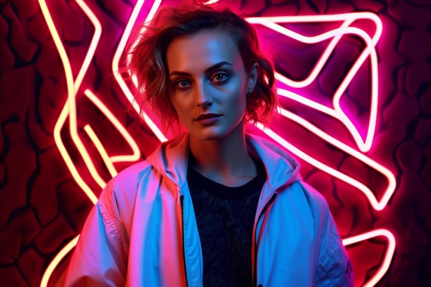 Portrait of a beautiful girl in a neon light The girl looks into the camera