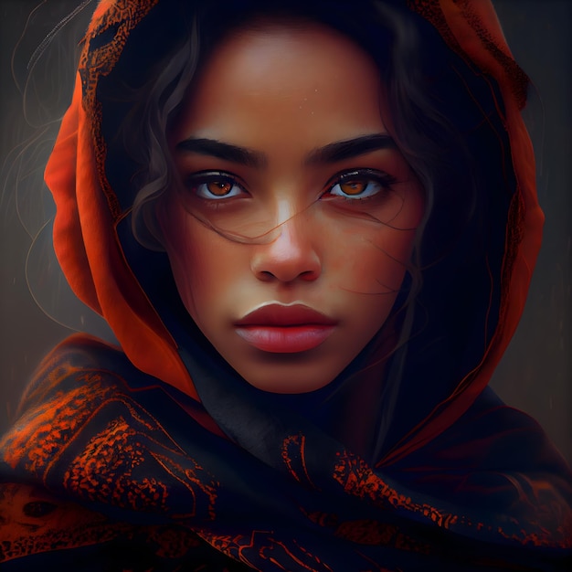 Portrait of a beautiful girl in a red scarf Beauty fashion