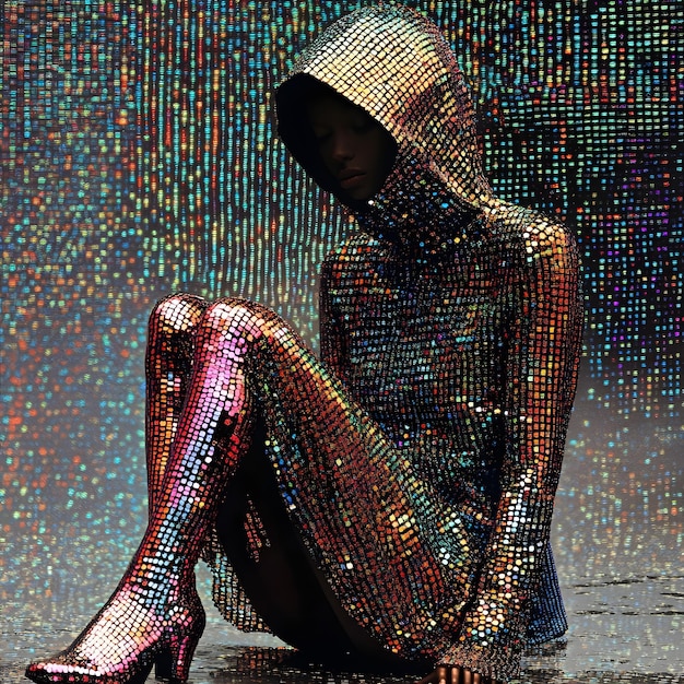 Photo portrait of a beautiful girl in sequins on a black background