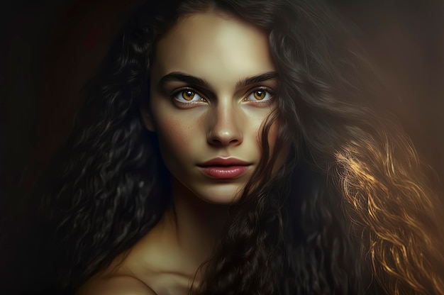 Portrait of a beautiful girl She has long flowing hair that is a rich dark color and her skin is a warm golden tone