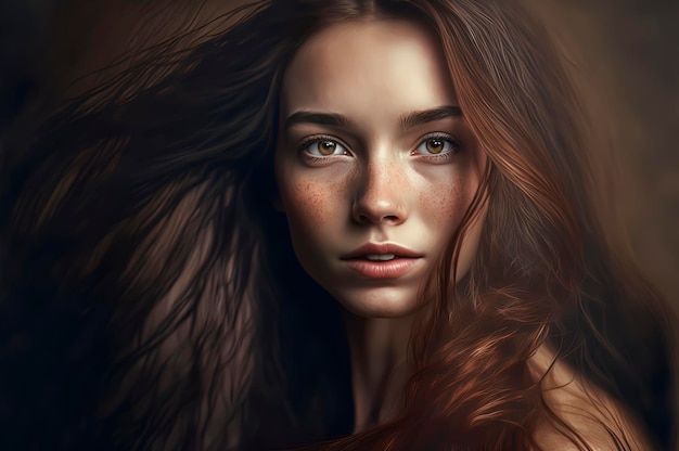 Portrait of a beautiful girl She has long flowing hair that is a rich dark color and her skin is a warm golden tone