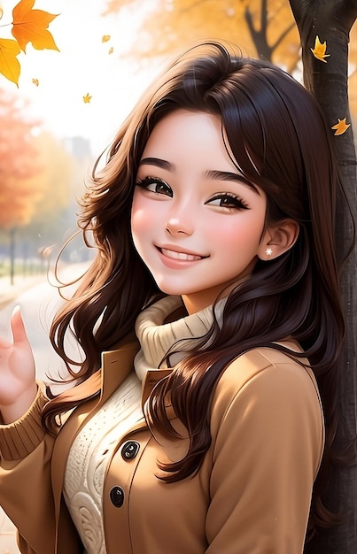 Portrait of a beautiful girl smiling amidst falling leaves