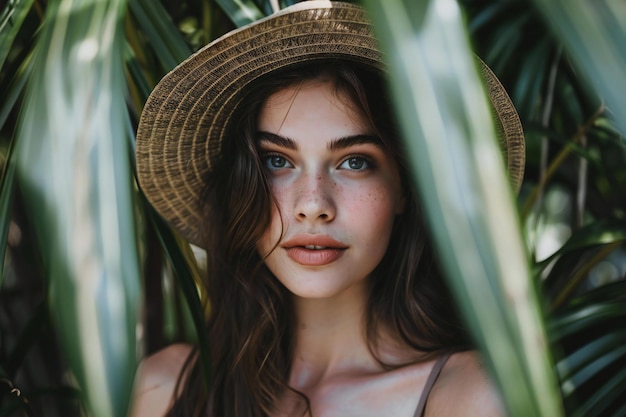 Portrait of a beautiful girl in a straw hat on the background of palm leaves