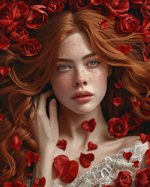 Portrait of a beautiful girl surrounded by red roses and rose petals on Valentines day or birthday