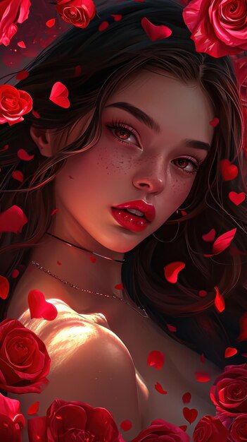 Portrait of a beautiful girl surrounded by red roses and rose petals on Valentines day or birthday