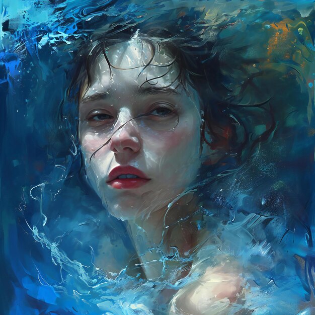 Portrait of a beautiful girl in the water Blue background Digital painting